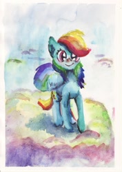 Size: 1600x2264 | Tagged: safe, artist:mandumustbasukanemen, derpibooru import, rainbow dash, pegasus, pony, atg 2019, female, mare, newbie artist training grounds, smiling, solo, traditional art, watercolor painting