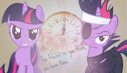 Size: 1336x768 | Tagged: safe, artist:girgirgirandpandas, artist:proenix, artist:twilightanddashie, derpibooru import, twilight sparkle, it's about time, clock, future twilight, looking at you, quote, smiling, vector, wallpaper