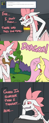 Size: 1280x3219 | Tagged: safe, artist:dmann892, fizzle, fluttershy, dragon, pegasus, pony, armpits, ask, ask closet fizzle, comic, screaming, sweat, teenaged dragon, tumblr