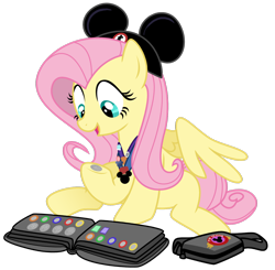 Size: 1600x1568 | Tagged: safe, artist:lostinthetrees, fluttershy, pegasus, pony, collection, crossover, cute, disney, disneyland, hat, lanyard, mickey hat, mickey mouse, pins, shyabetes, simple background, solo, transparent background