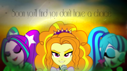 Size: 1366x768 | Tagged: safe, artist:alicornoverlord, artist:twilightanddashie, derpibooru import, edit, adagio dazzle, aria blaze, sonata dusk, equestria girls, rainbow rocks, eyes closed, quote, singing, the dazzlings, vector, wallpaper, wallpaper edit