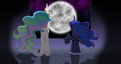 Size: 4096x2160 | Tagged: safe, artist:jordila-forge, artist:laszlvfx, edit, princess celestia, princess luna, alicorn, pony, absurd resolution, duo, female, full moon, mare, moon, plot, rear view, royal sisters, wallpaper, wallpaper edit