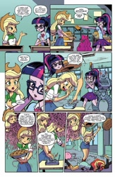 Size: 600x923 | Tagged: safe, artist:pencils, idw, applejack, pinkie pie, sci-twi, sunset shimmer, twilight sparkle, robot, equestria girls, spoiler:comic, spoiler:comicequestriagirlsmarchradness, balloon, button, clothes, food, lattice-bot, pie, preview, school desk