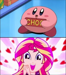 Size: 720x811 | Tagged: safe, edit, edited screencap, screencap, sunset shimmer, eqg summertime shorts, equestria girls, pet project, candy, chocolate bar, cute, food, hnnng, kirby, kirby (character), kirby of the stars, kirby right back at ya, meme, nintendo, reaction image, shimmering the gecko