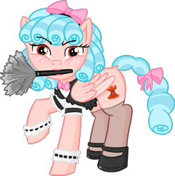 Size: 3216x3223 | Tagged: safe, alternate version, artist:poniidesu, cozy glow, pegasus, pony, blue mane, bow, clothes, cozy glow is not amused, cozybetes, curly mane, cute, eyebrows, eyelashes, female, filly, foal, freckles, maid, maid headdress, orange eyes, pink fur, shoes, simple background, solo, stockings, thigh highs, transparent background