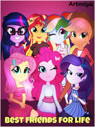 Size: 1536x2040 | Tagged: safe, artist:artmlpk, applejack, fluttershy, pinkie pie, rainbow dash, rarity, sci-twi, sunset shimmer, twilight sparkle, equestria girls, best friends, cute, humane five, humane seven, humane six, looking at you, smiling, smiling at you