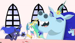 Size: 3500x2000 | Tagged: safe, artist:kaizo111, princess celestia, princess luna, alicorn, pony, crossover, cup, eyes closed, food, glowing horn, king pony head, magic, princess pony head, star vs the forces of evil, tea, teacup, telekinesis