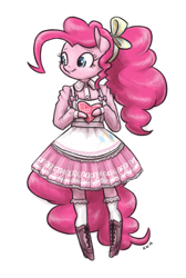 Size: 862x1280 | Tagged: safe, artist:king-kakapo, pinkie pie, anthro, unguligrade anthro, alternate hairstyle, arm hooves, boots, clothes, dress, frilly dress, frilly pie, heart, multiple variants, ribbon, skirt, socks, solo