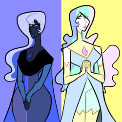 Size: 1100x1100 | Tagged: safe, artist:dubstepspacecatjr, princess celestia, princess luna, human, alternate universe, diamonds, gem, gemsona, humanized, species swap, steven universe