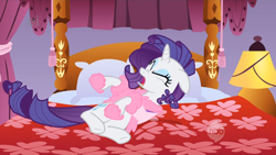 Size: 1280x720 | Tagged: safe, screencap, rarity, pony, unicorn, suited for success, bed, ei, eyes closed, female, hub logo, lamp, mare, sad, solo