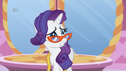 Size: 1280x720 | Tagged: safe, screencap, rarity, pony, unicorn, suited for success, ei, female, glasses, hub logo, mare, measuring tape, solo