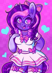 Size: 800x1117 | Tagged: safe, artist:dolcisprinkles, oc, oc only, oc:sweet bouquet, anthro, unicorn, anthro oc, blaze (coat marking), bow, breasts, clothes, cute, dress, ear fluff, female, hair bow, heart, heart eyes, looking at you, mare, ocbetes, ribbon, socks, solo, tattoo, thigh highs, wingding eyes