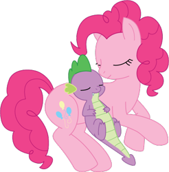 Size: 477x485 | Tagged: safe, artist:nekoni-chan, pinkie pie, spike, dragon, earth pony, pony, cute, eyes closed, female, male, mama pinkie, maternal instinct, motherly, nuzzling, pinkiespike, romance, shipping, sleeping, spikelove, straight