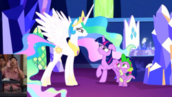 Size: 854x480 | Tagged: safe, edit, edited screencap, screencap, princess celestia, spike, twilight sparkle, twilight sparkle (alicorn), alicorn, dragon, pony, celestial advice, crown, flowing mane, horn, jewelry, regalia, smiling, wings, youtube link