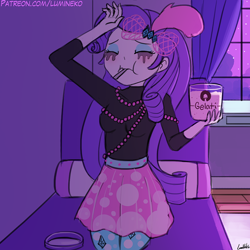 Size: 750x750 | Tagged: safe, artist:lumineko, rarity, display of affection, eqg summertime shorts, equestria girls, equestria girls series, good vibes, clothes, comfort eating, crying, eating, food, ice cream, italian, italy, makeup, marshmelodrama, mascara, mascarity, raritights, rarity being rarity, running makeup, sad, solo, sweater, turtleneck