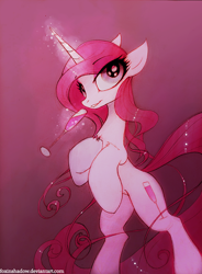 Size: 662x900 | Tagged: safe, artist:foxinshadow, oc, oc only, oc:pink champagne, pony, unicorn, champagne, chest fluff, female, floppy ears, gradient background, levitation, magic, mare, rearing, solo, telekinesis