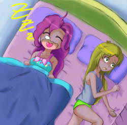 Size: 1000x985 | Tagged: safe, artist:jumboz95, applejack, pinkie pie, human, bed, clothes, green underwear, humanized, open mouth, panties, sleeping, snoring, snot bubble, tanktop, underwear, zzz