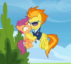 Size: 513x463 | Tagged: safe, derpibooru import, screencap, scootaloo, spitfire, pegasus, pony, the washouts (episode), animated, clothes, cropped, duo, female, filly, flying, foal, gif, holding a pony, loop, mare, scootabuse, shaking, shrunken pupils, sunglasses, uniform, wonderbolts dress uniform