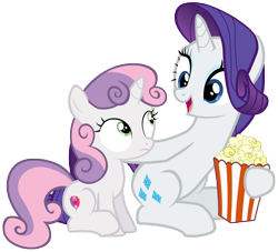 Size: 7700x7000 | Tagged: safe, artist:tardifice, rarity, sweetie belle, pony, unicorn, forever filly, absurd resolution, female, filly, food, hoof hold, mare, open mouth, popcorn, simple background, sisters, sitting, transparent background, vector