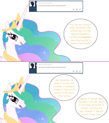 Size: 1280x1444 | Tagged: safe, artist:hakunohamikage, princess celestia, alicorn, pony, ask, ask-princesssparkle, bust, portrait, solo, tumblr