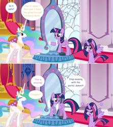 Size: 1280x1444 | Tagged: safe, artist:hakunohamikage, princess celestia, twilight sparkle, twilight sparkle (alicorn), alicorn, pony, alternate hairstyle, ask, ask-princesssparkle, askpinytwilight, giggling, magic mirror, tumblr