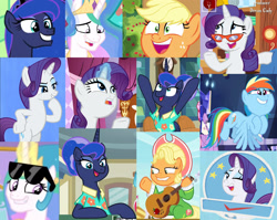Size: 1897x1512 | Tagged: safe, derpibooru import, edit, edited screencap, screencap, applejack, princess celestia, princess luna, rainbow dash, rarity, alicorn, earth pony, pegasus, pony, unicorn, between dark and dawn, going to seed, she's all yak, sparkle's seven, bipedal, collage, compilation, cropped, faic, female, glasses, great moments in animation, guitar, mare, meme, one eye closed, solo, sunglasses, wink