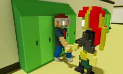 Size: 1280x768 | Tagged: safe, artist:derek the metagamer, sunset shimmer, oc, oc:darry ruth, equestria girls, canterlot high, glasses, glowing eyes, lockers, magicavoxel, memory spell, spell, voxel art