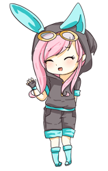 Size: 570x900 | Tagged: safe, artist:haruliina, fluttershy, boots, bunny ears, chibi, clothes, costume, cute, dangerous mission outfit, eyes closed, female, fingerless gloves, gloves, goggles, hoodie, humanized, open mouth, shoes, shorts, simple background, solo, transparent background