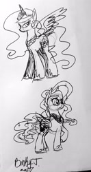 Size: 1701x3193 | Tagged: safe, artist:binkyt11, derpibooru exclusive, princess celestia, princess luna, alicorn, pony, female, mare, monochrome, royal sisters, traditional art