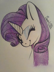 Size: 723x960 | Tagged: safe, artist:elisdoominika, rarity, pony, unicorn, blinking, bust, female, mare, one eye closed, portrait, simple background, smiling, traditional art, wink