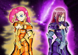 Size: 800x565 | Tagged: safe, artist:barskavil, pinkie pie, human, armor, crossover, duality, gemini, humanized, pinkamena diane pie, saint seiya