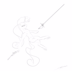 Size: 3000x3000 | Tagged: safe, artist:skitsroom, rarity, pony, unicorn, female, gun, mare, monochrome, simple background, sketch, solo, sword, weapon, white background