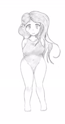 Size: 1424x2688 | Tagged: safe, artist:cross_ornstein, fluttershy, human, clothes, humanized, looking at you, one-piece swimsuit, pencil drawing, plump, simple background, solo, standing, swimsuit, traditional art, white background