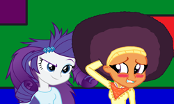 Size: 2500x1500 | Tagged: safe, artist:ktd1993, artist:pink1ejack, edit, rarity, saffron masala, equestria girls, afro, blushing, equestria girls-ified, female, lesbian, messy hair, raffron, shipping