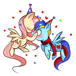 Size: 1200x1200 | Tagged: safe, artist:ipun, fluttershy, oc, pegasus, pony, blushing, canon x oc, clothes, eyes closed, female, floating, flying, hat, heart, male, mare, nuzzling, party hat, scarf, shipping, simple background, stallion, straight, white background