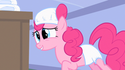 Size: 1280x720 | Tagged: safe, screencap, pinkie pie, earth pony, pony, baby cakes, adult foal, derp, diaper, diaper on head, leaning, raised hoof, solo