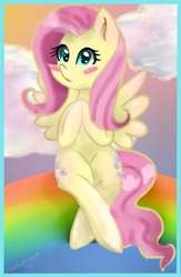 Size: 1300x2000 | Tagged: safe, artist:moekonya, fluttershy, pegasus, pony, blushing, both cutie marks, crossed legs, hooves together, looking at you, rainbow, sitting, sky, solo, spread wings
