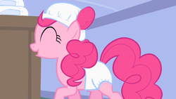 Size: 1280x720 | Tagged: safe, screencap, pinkie pie, earth pony, pony, baby cakes, adult foal, diaper, diaper on head, eyes closed, outfit catalog, raised hoof, smiling, solo, sugarcube corner