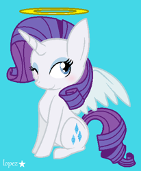 Size: 409x496 | Tagged: safe, artist:lopez765, rarity, alicorn, angel, alicornified, angel rarity, halo, one eye closed, race swap, raricorn, simple background, solo, wings, wink