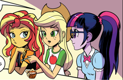 Size: 914x595 | Tagged: safe, artist:pencils, idw, applejack, sci-twi, sunset shimmer, twilight sparkle, equestria girls, spoiler:comic, spoiler:comicequestriagirlsmarchradness, reference