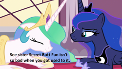 Size: 1280x720 | Tagged: safe, edit, edited screencap, screencap, princess celestia, princess luna, alicorn, pony, a royal problem, meme, secret butt fun