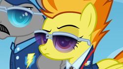 Size: 1280x720 | Tagged: safe, derpibooru import, screencap, spitfire, whiplash, pegasus, pony, wonderbolts academy, captain of the wonderbolts, clothes, confused, drill sergeant, duo, facial hair, female, folded wings, frown, impatient, leader, male, mare, moustache, narrowed eyes, raised eyebrow, stallion, sunglasses, uniform, wonderbolts uniform