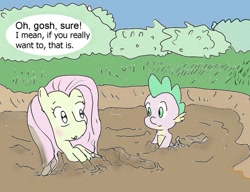 Size: 689x530 | Tagged: safe, fluttershy, spike, dragon, pegasus, pony, duo, mud, speech bubble