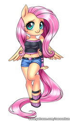 Size: 500x859 | Tagged: safe, artist:racoonsan, fluttershy, anthro, unguligrade anthro, belly button, breasts, chibi, clothes, female, hootershy, midriff, patreon, shoes, short shirt, shorts, simple background, solo, white background