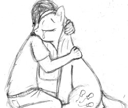 Size: 937x796 | Tagged: safe, artist:tg-0, pinkie pie, human, crying, hug, monochrome, pinkamena diane pie