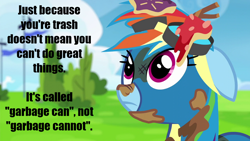 Size: 1280x720 | Tagged: safe, derpibooru import, edit, edited screencap, screencap, rainbow dash, pegasus, pony, newbie dash, caption, clothes, female, floppy ears, image macro, mare, motivational, positive ponies, rainbow trash, solo, text, uniform, wonderbolts uniform