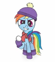 Size: 850x950 | Tagged: safe, artist:m.w., derpibooru import, rainbow dash, pegasus, pony, beanie, clothes, female, hat, looking at you, mare, scarf, simple background, snow, snowball, solo, white background, winter outfit