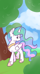 Size: 700x1280 | Tagged: safe, artist:vaetan, princess celestia, alicorn, pony, bush, missing accessory, solo, tree, walking