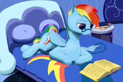 Size: 2024x1355 | Tagged: safe, artist:skipper01, derpibooru import, rainbow dash, pegasus, pony, bed, bedroom, book, cute, egghead, egghead dash, glasses, reading