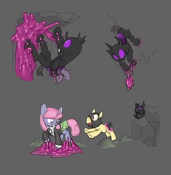 Size: 1150x1183 | Tagged: safe, artist:carnifex, oc, oc only, oc:strap, oc:velvet, changeling, pony, unicorn, changeling slime, it's a trap, miasma hive, purple changeling, stuck